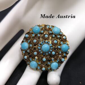 Vintage Made Austria Turquoise Glass Cabochon Filigree Brooch